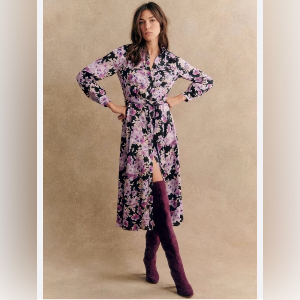 NWOT Sezane Lauretta Floral Long Sleeve Midi Dress Purple Size Size 36 - Picture 6 of 6